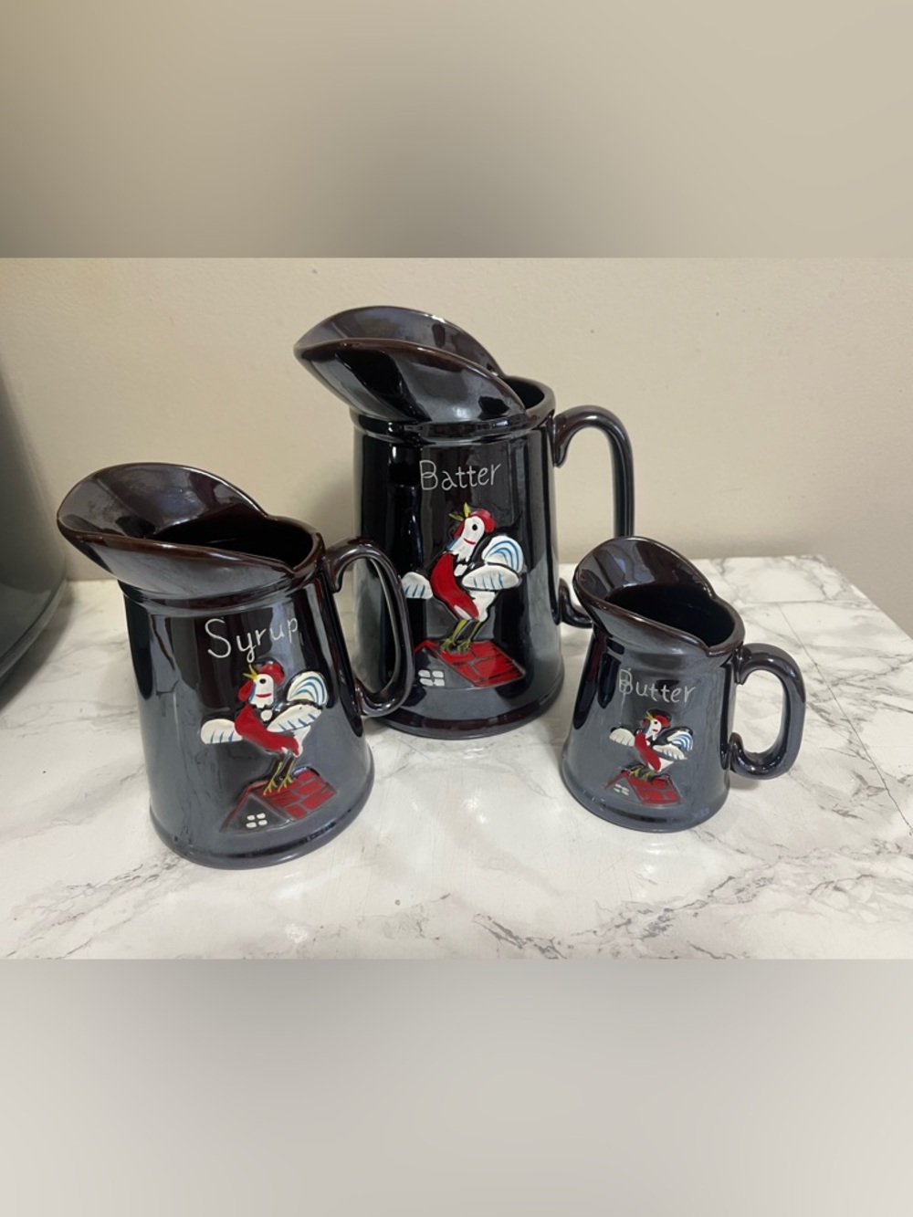 MCM Japan Redware Pottery Breakfast Set Pitchers Rooster on Roof